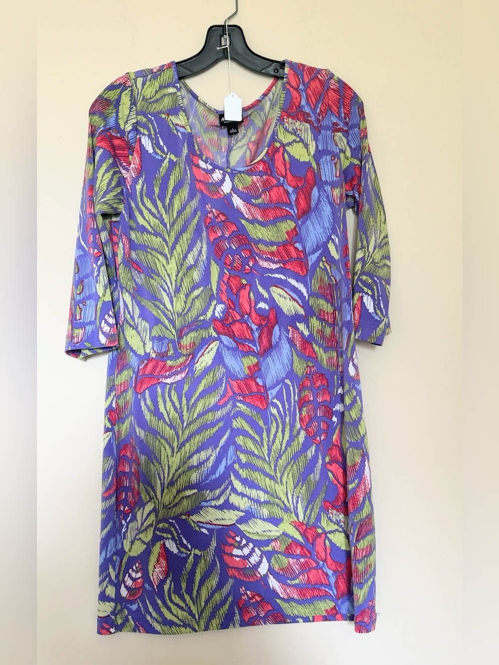 Allen B. by Allen Schwartz Purple Dress with Green & Pink Leaf Print